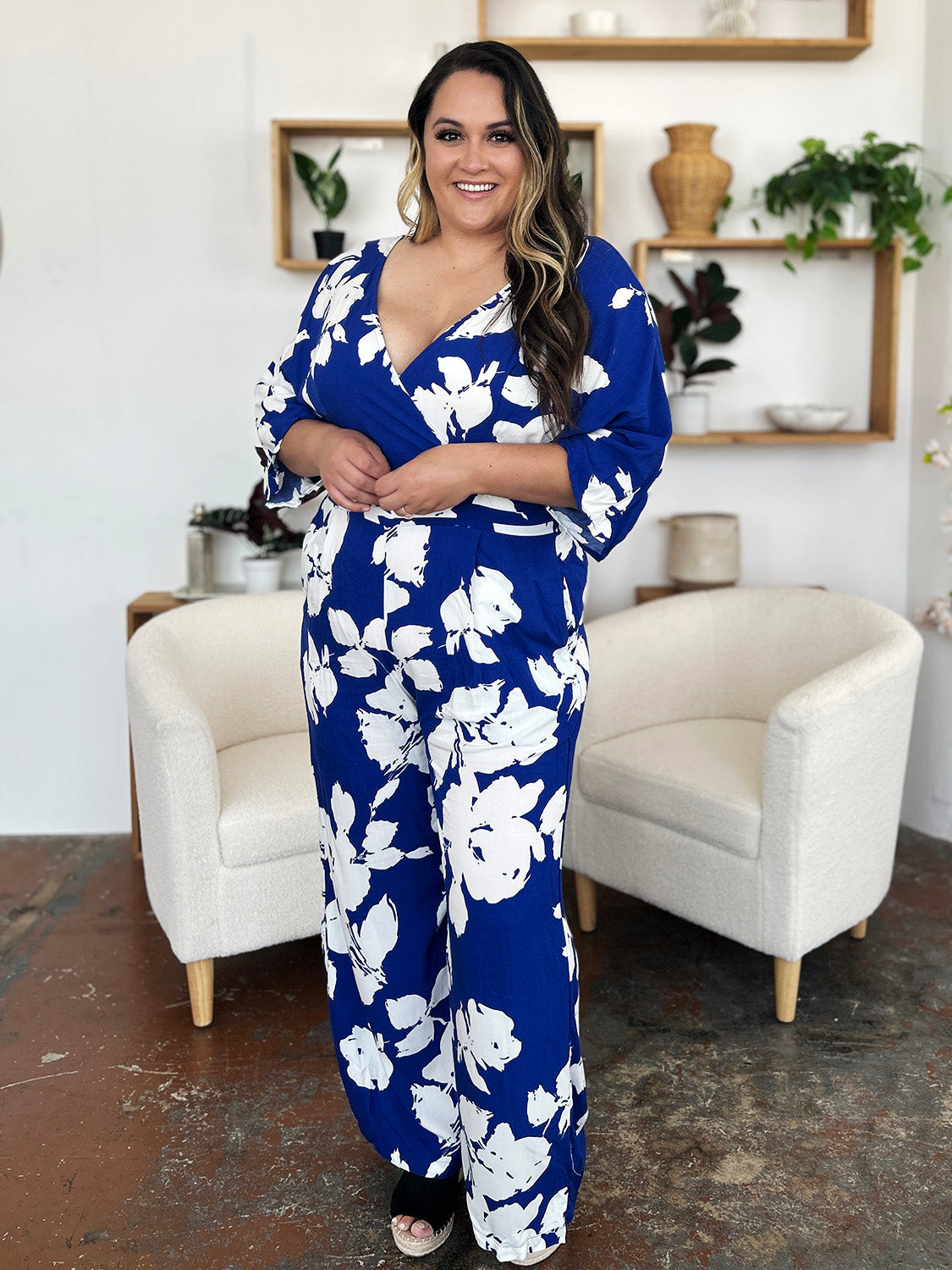 Double Take Full Size Printed Tie Back Wide Leg Jumpsuit - Luminous Bear Shop