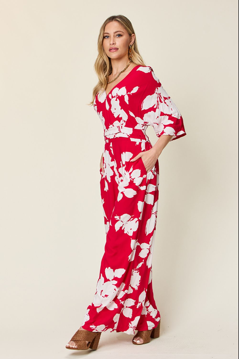 Double Take Full Size Printed Tie Back Wide Leg Jumpsuit - Luminous Bear Shop