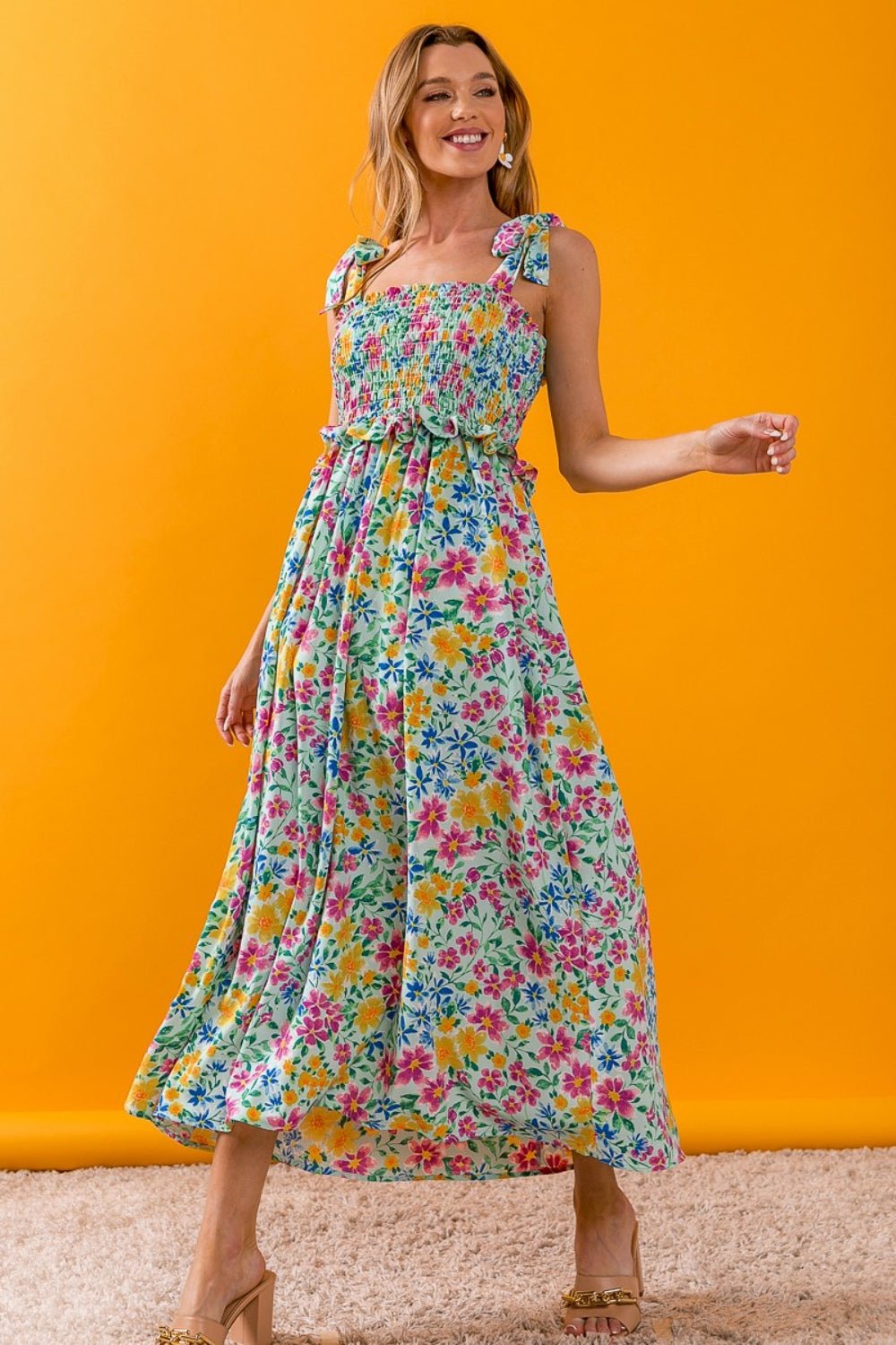 BiBi Floral Ruffle Trim Smocked Cami Dress - Luminous Bear