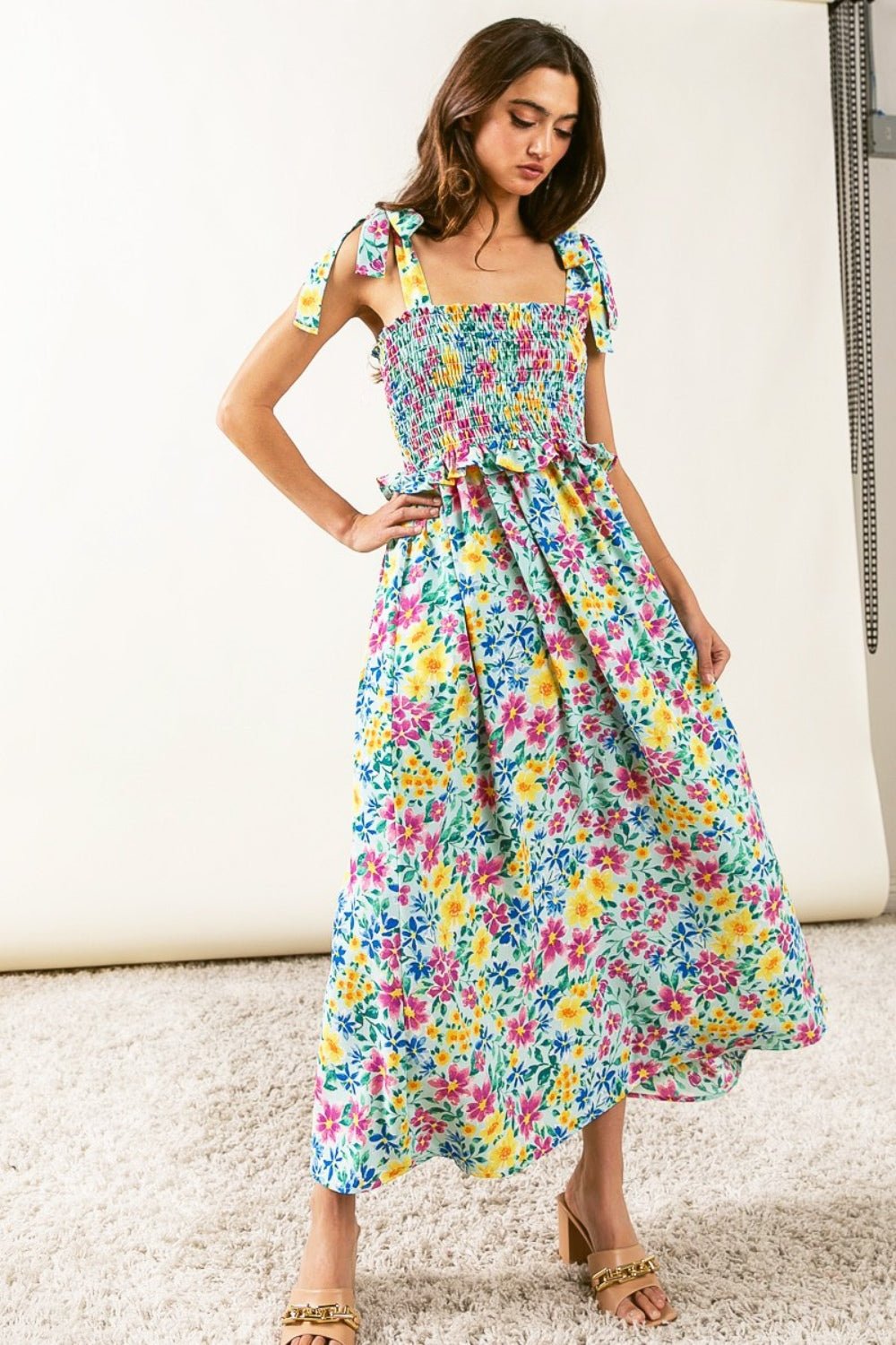 BiBi Floral Ruffle Trim Smocked Cami Dress - Luminous Bear