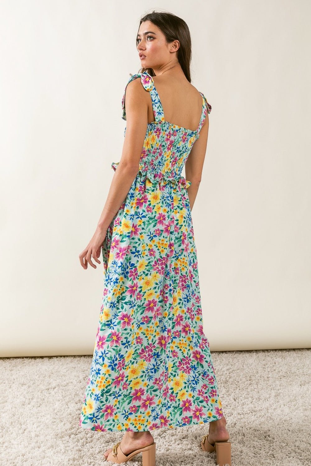 BiBi Floral Ruffle Trim Smocked Cami Dress - Luminous Bear