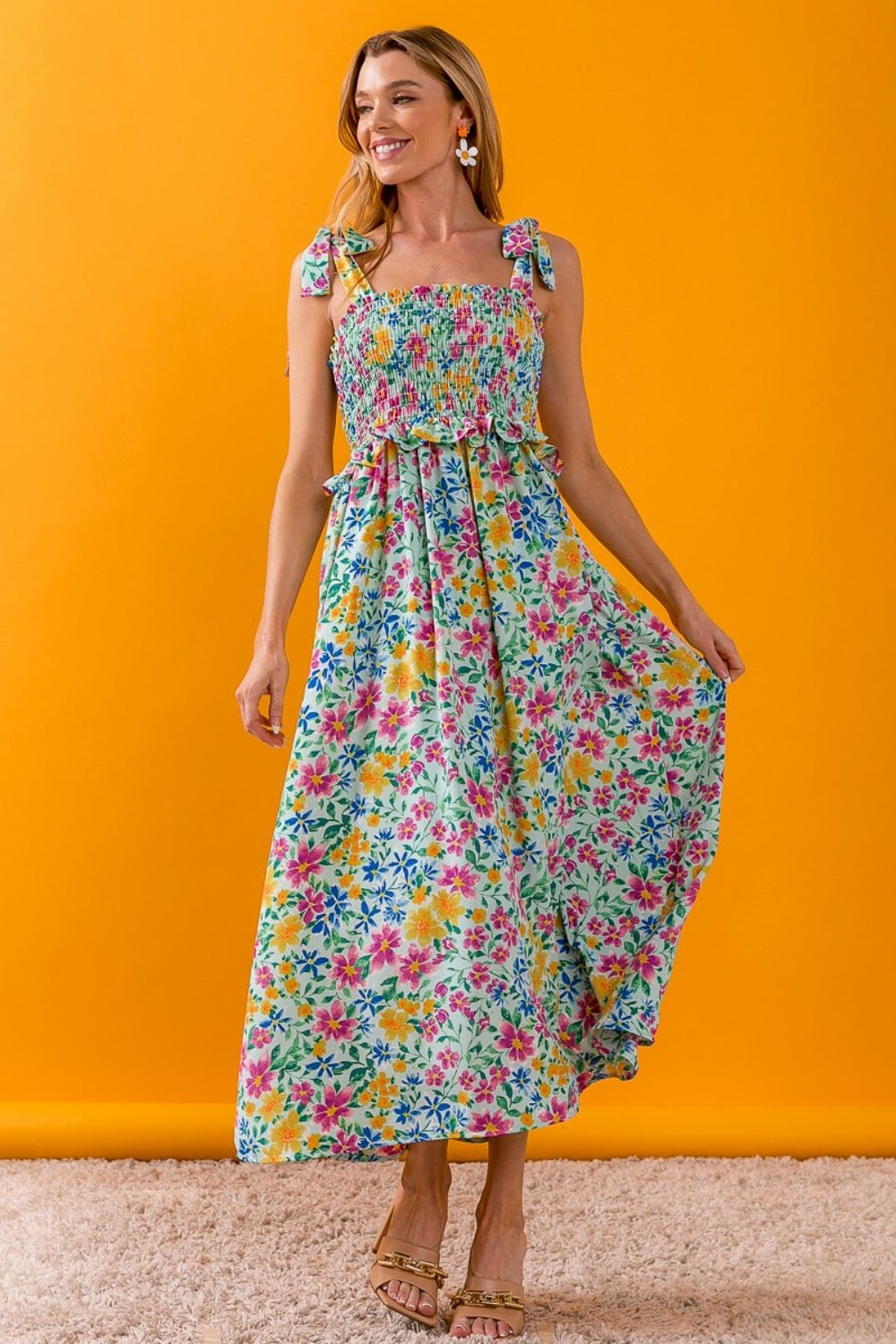 BiBi Floral Ruffle Trim Smocked Cami Dress - Luminous Bear