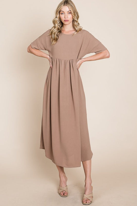 BOMBOM Round Neck Ruched Midi Dress - Luminous Bear