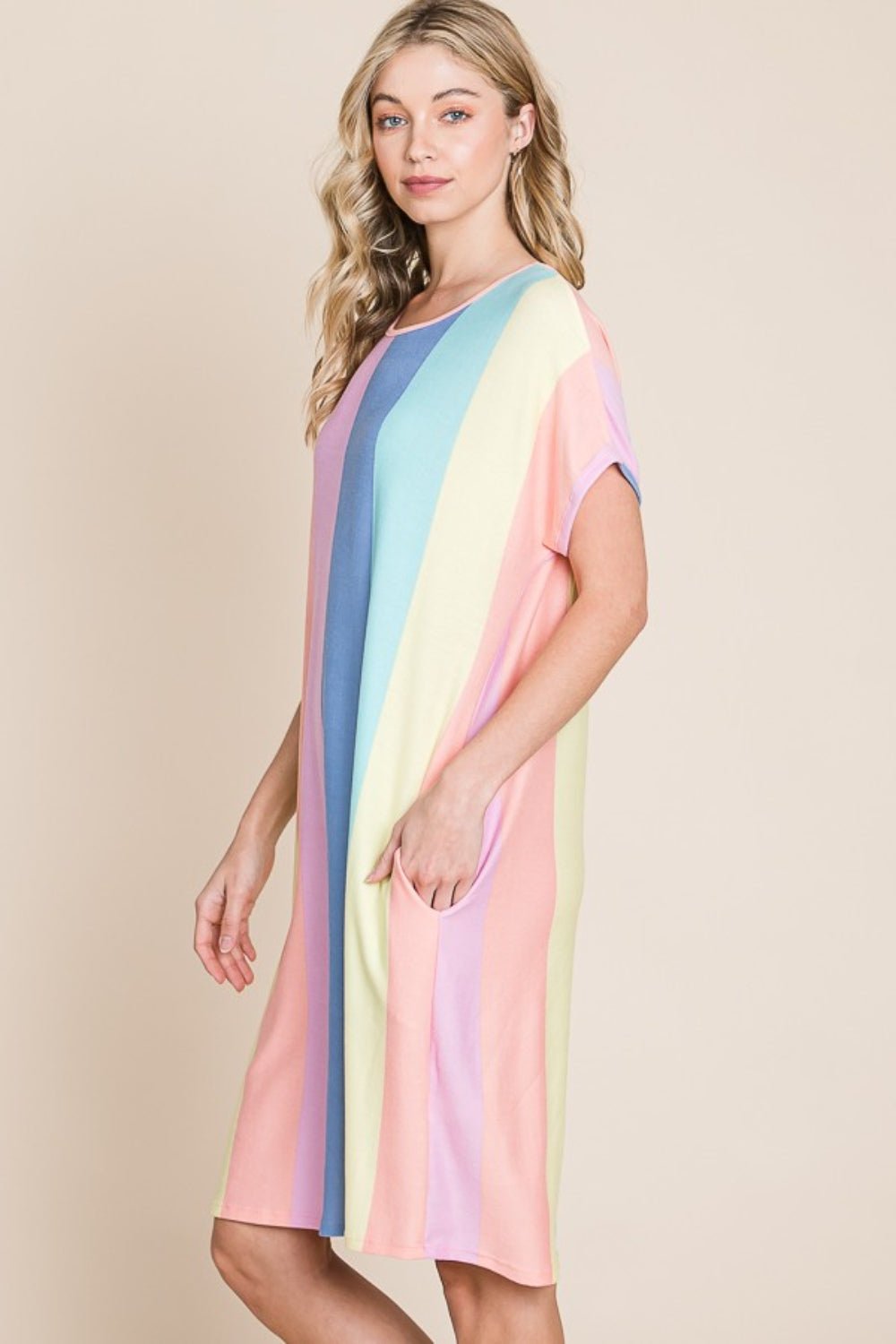 BOMBOM Striped Short Sleeve Dress with Pockets - Luminous Bear