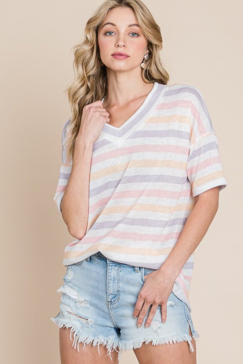 BOMBOM Striped V-Neck Short Sleeve T-Shirt - Luminous Bear