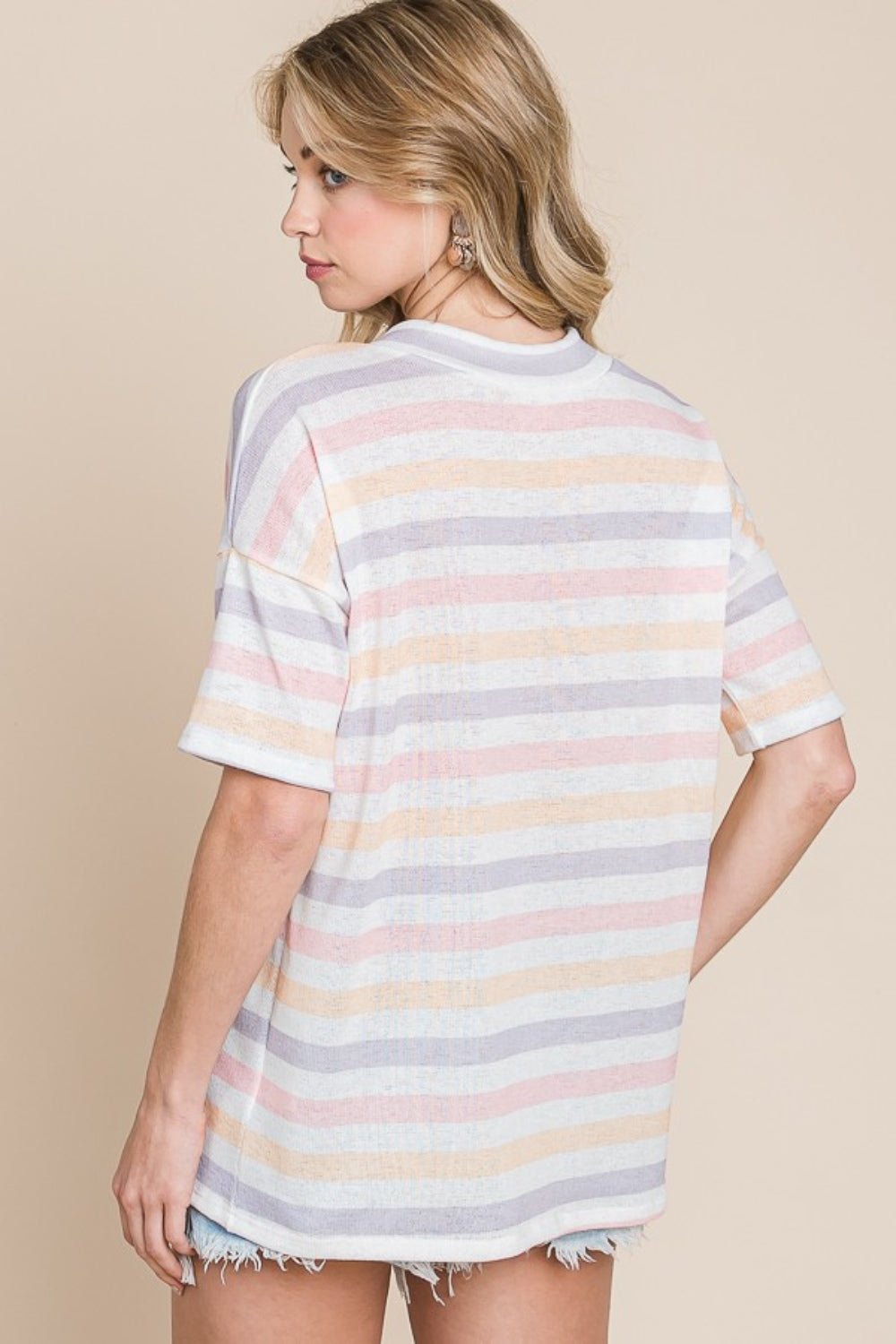 BOMBOM Striped V-Neck Short Sleeve T-Shirt - Luminous Bear