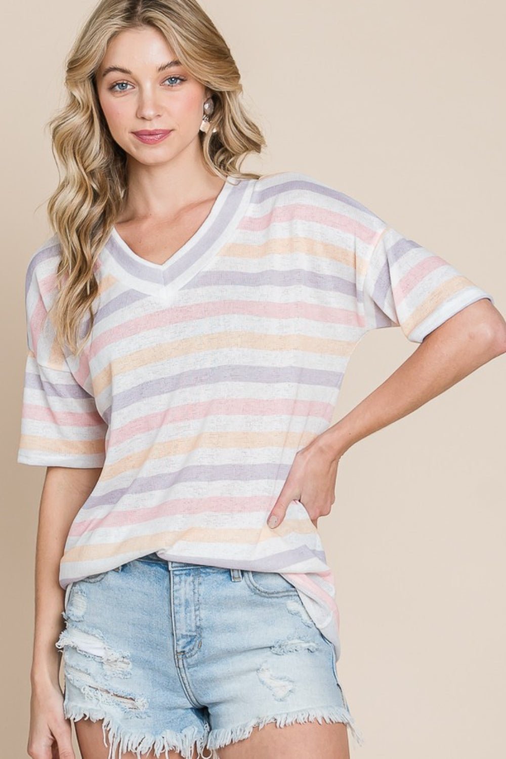 BOMBOM Striped V-Neck Short Sleeve T-Shirt - Luminous Bear