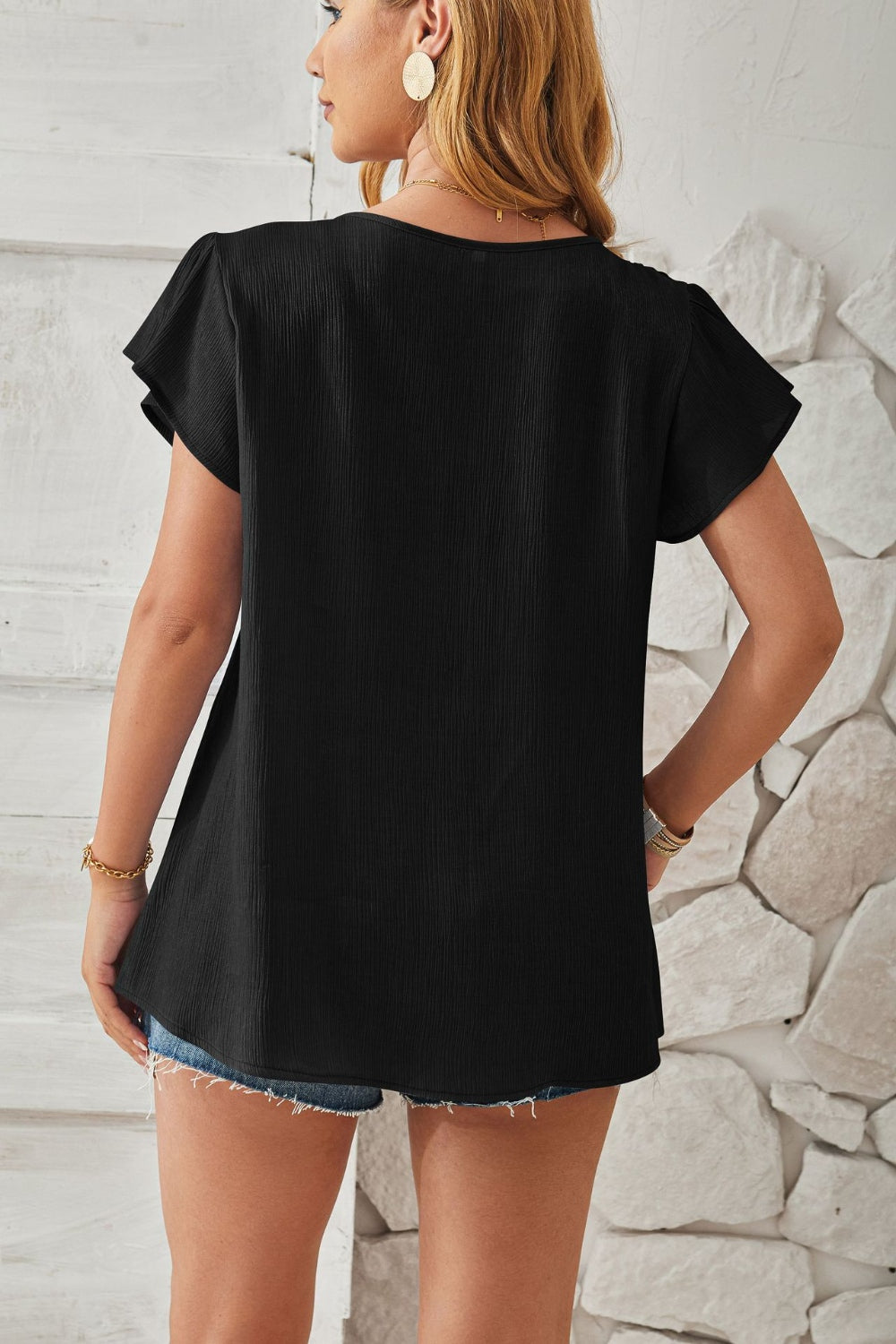 Ruched V-Neck Flounce Sleeve Blouse - Luminous Bear Shop