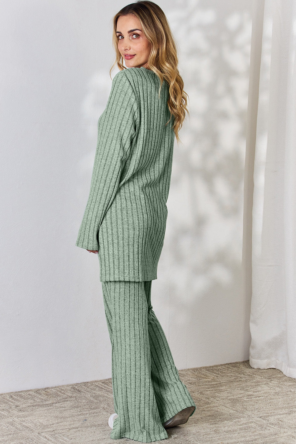 Basic Bae Full Size Ribbed High-Low Top and Wide Leg Pants Set - Luminous Bear Shop