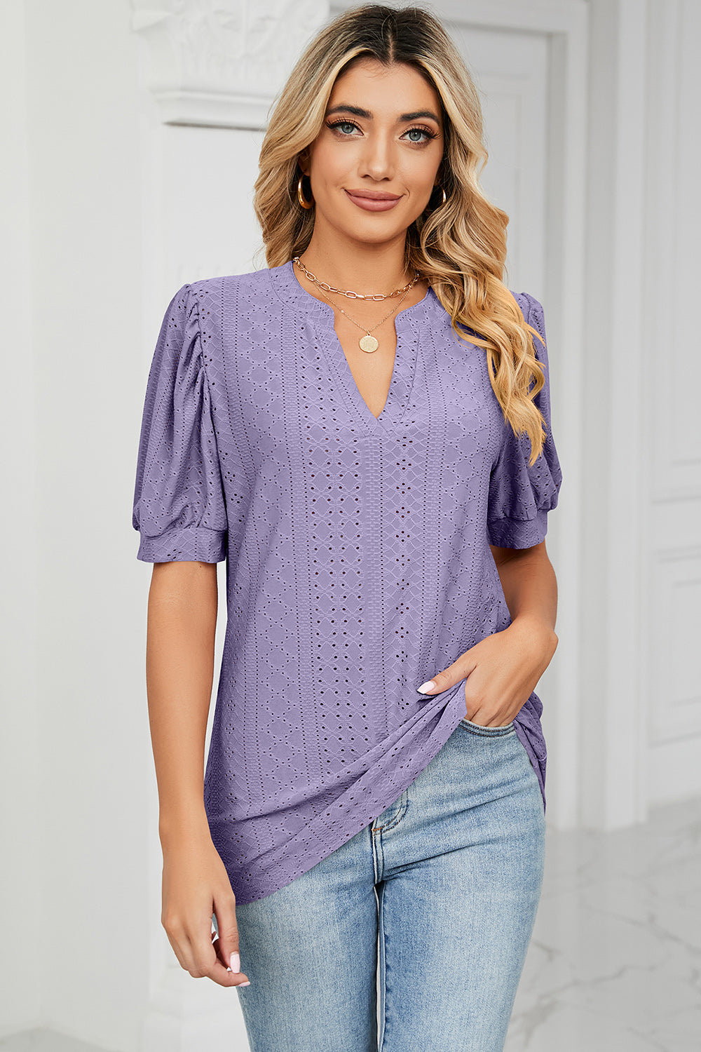 Eyelet Notched Short Sleeve T-Shirt - Luminous Bear Shop