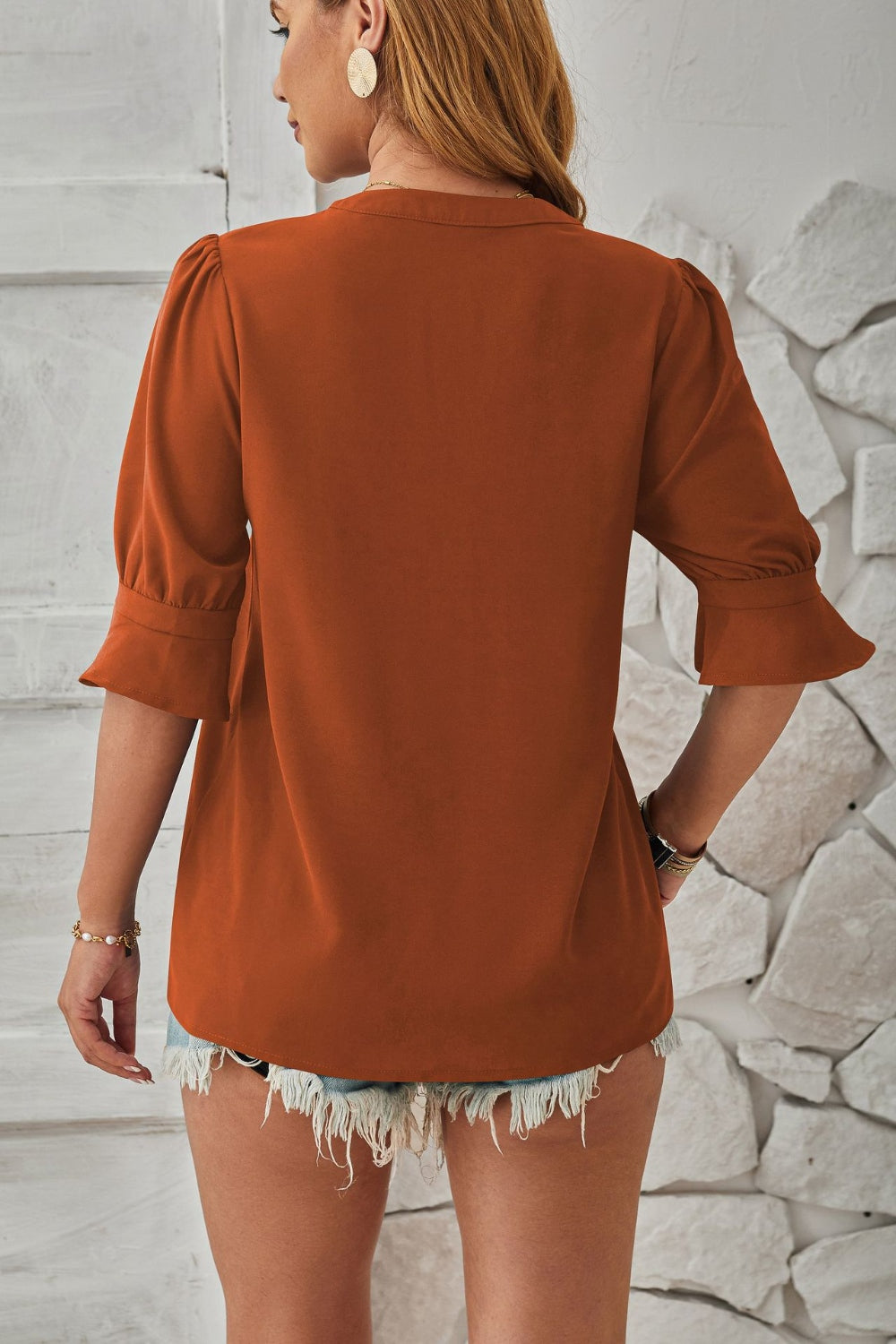 Notched Half Sleeve Blouse - Luminous Bear Shop