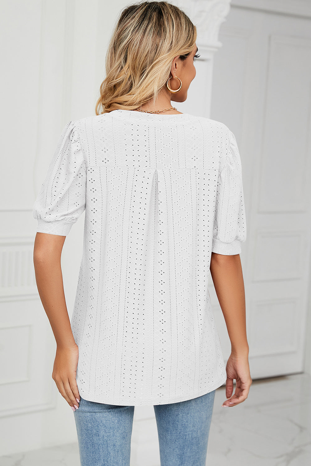 Eyelet Notched Short Sleeve T-Shirt - Luminous Bear Shop
