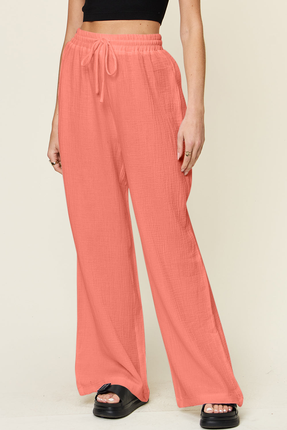 Double Take Full Size Texture Drawstring Wide Leg Pants - Luminous Bear Shop