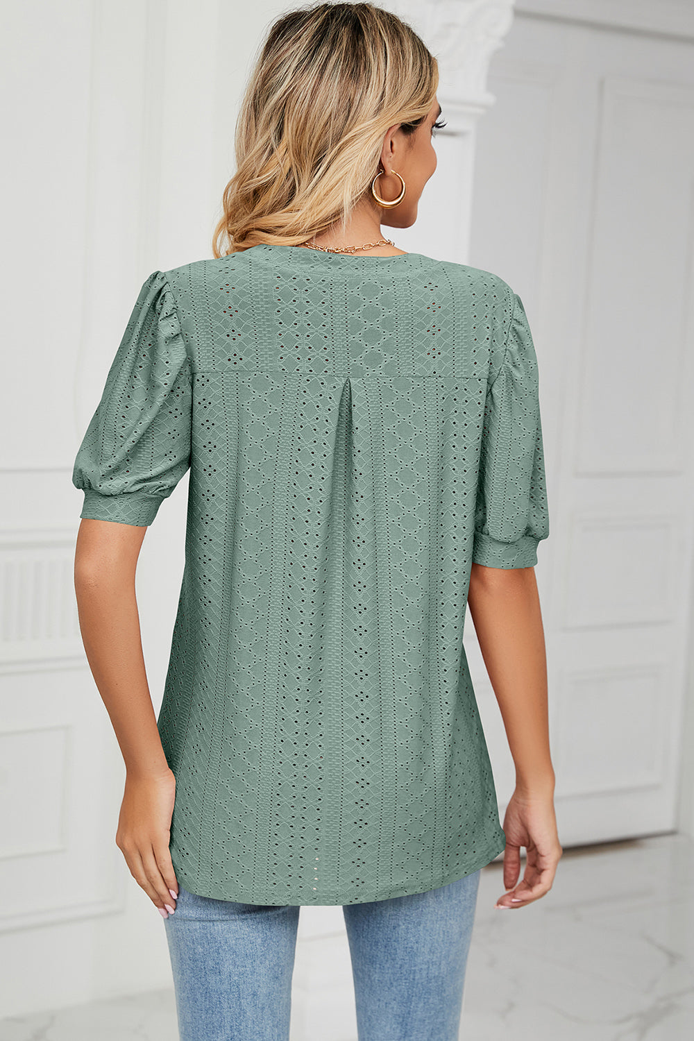 Eyelet Notched Short Sleeve T-Shirt - Luminous Bear Shop