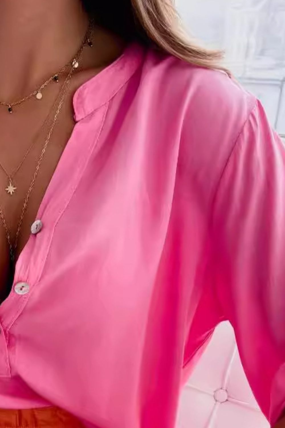 Half Button Notched Half Sleeve Blouse - Luminous Bear Shop