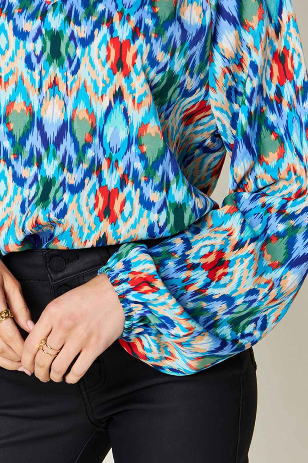 Double Take Full Size Printed Balloon Sleeve Blouse - Luminous Bear