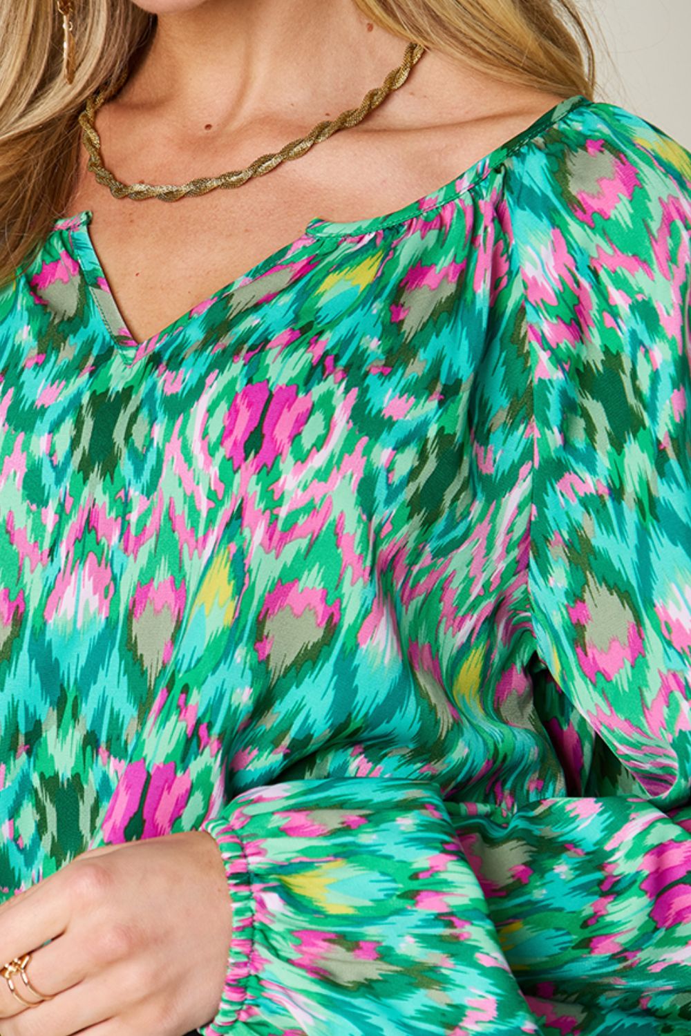 Double Take Full Size Printed Balloon Sleeve Blouse - Luminous Bear