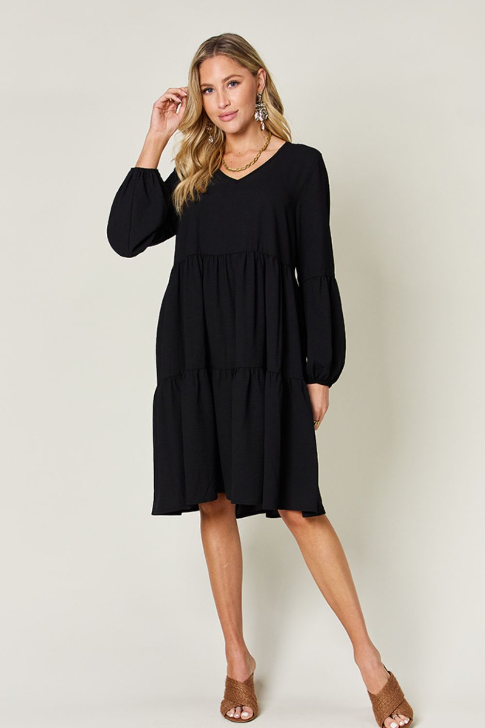 Double Take Full Size V-Neck Balloon Sleeve Tiered Dress - Luminous Bear