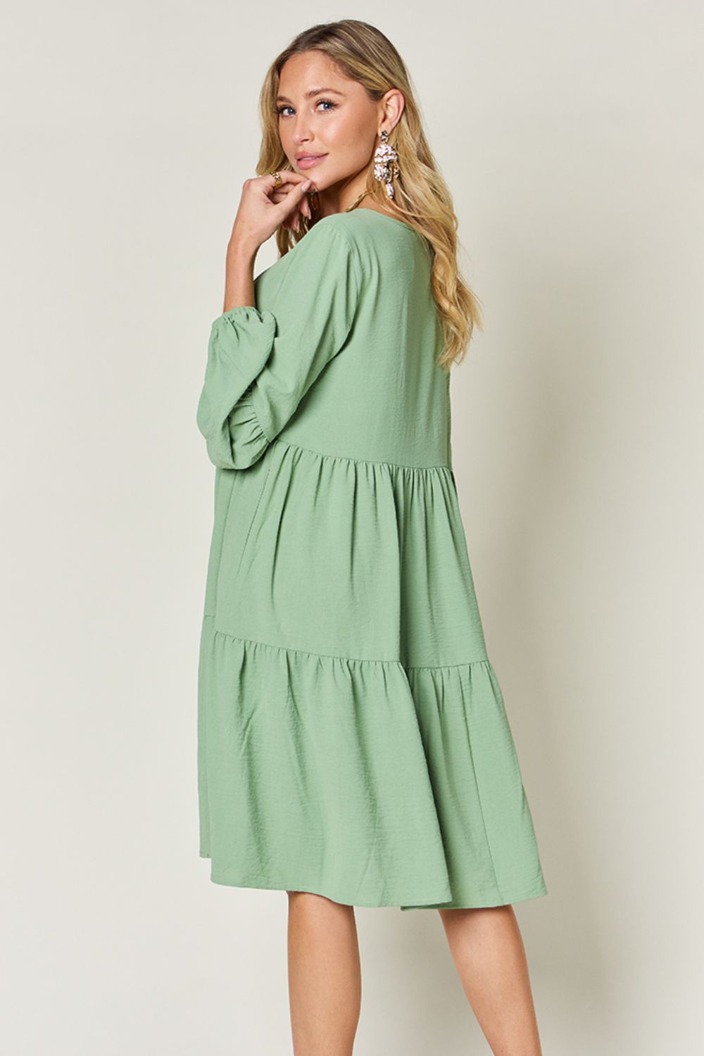 Double Take Full Size V-Neck Balloon Sleeve Tiered Dress - Luminous Bear