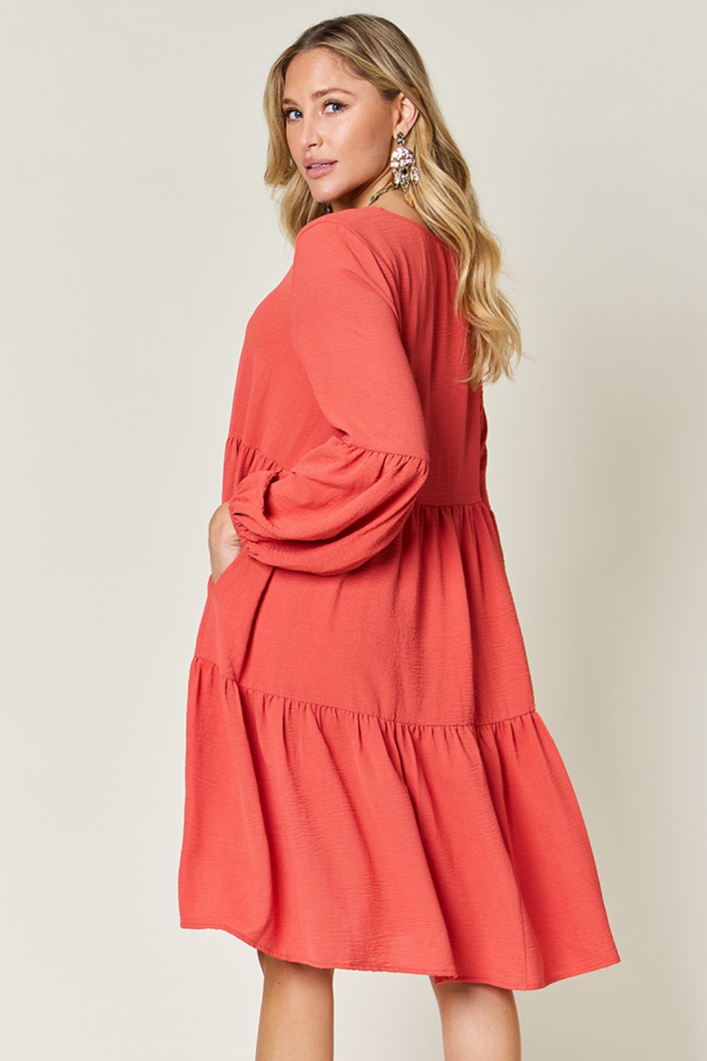 Double Take Full Size V-Neck Balloon Sleeve Tiered Dress - Luminous Bear