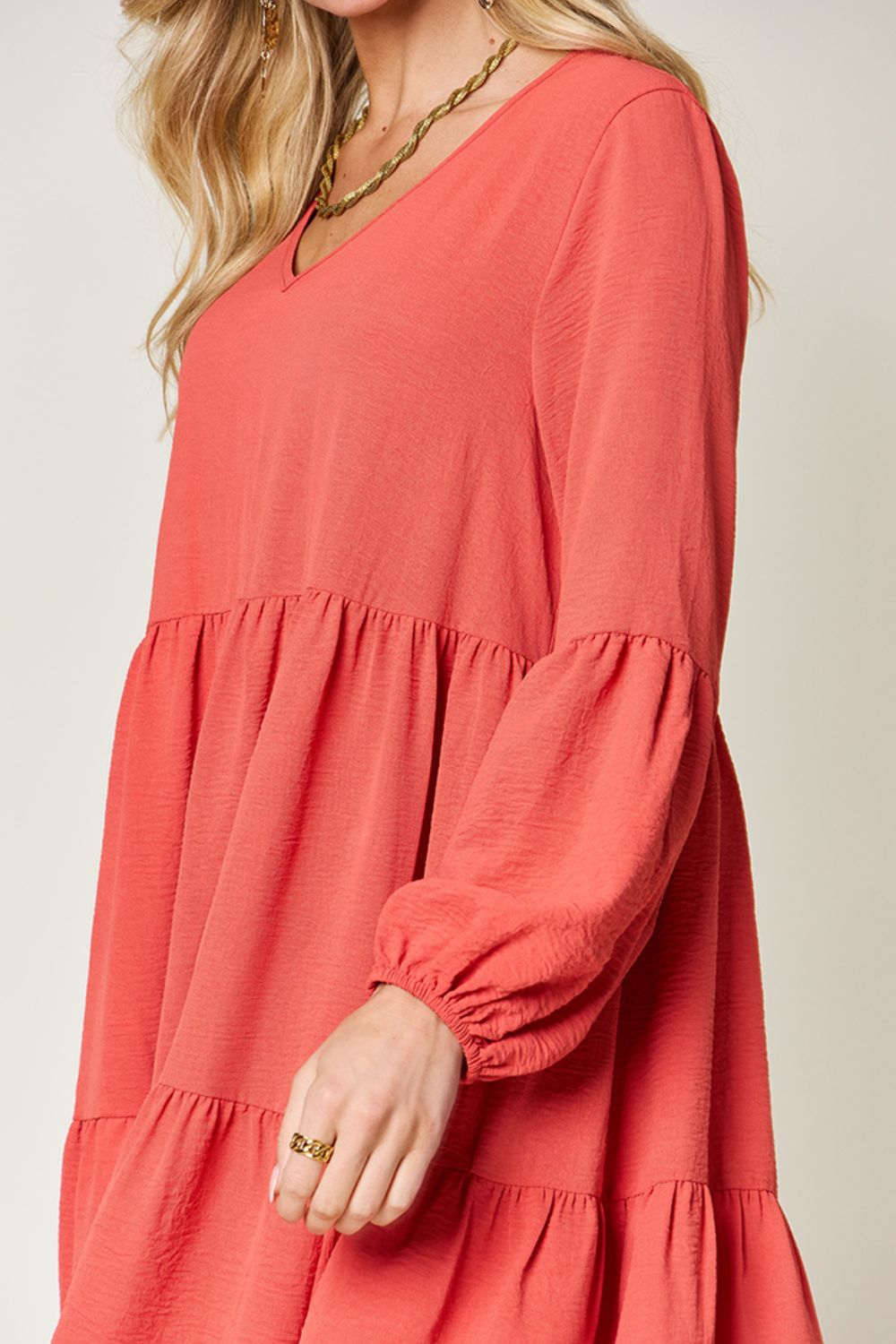 Double Take Full Size V-Neck Balloon Sleeve Tiered Dress - Luminous Bear