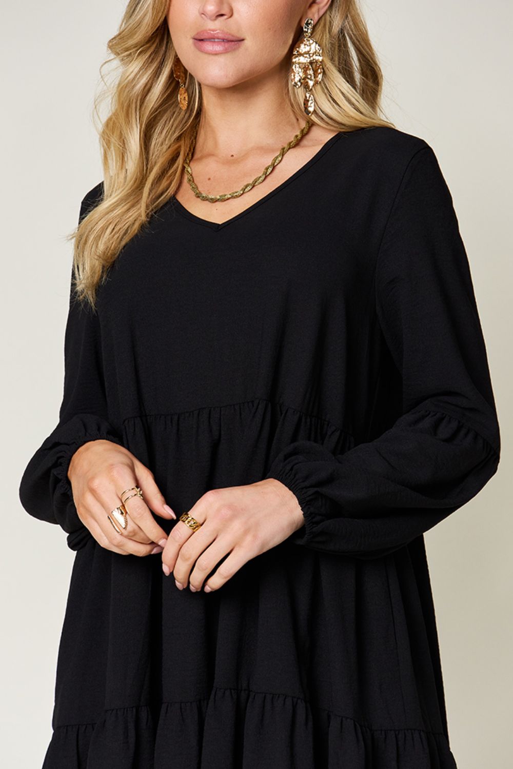 Double Take Full Size V-Neck Balloon Sleeve Tiered Dress - Luminous Bear