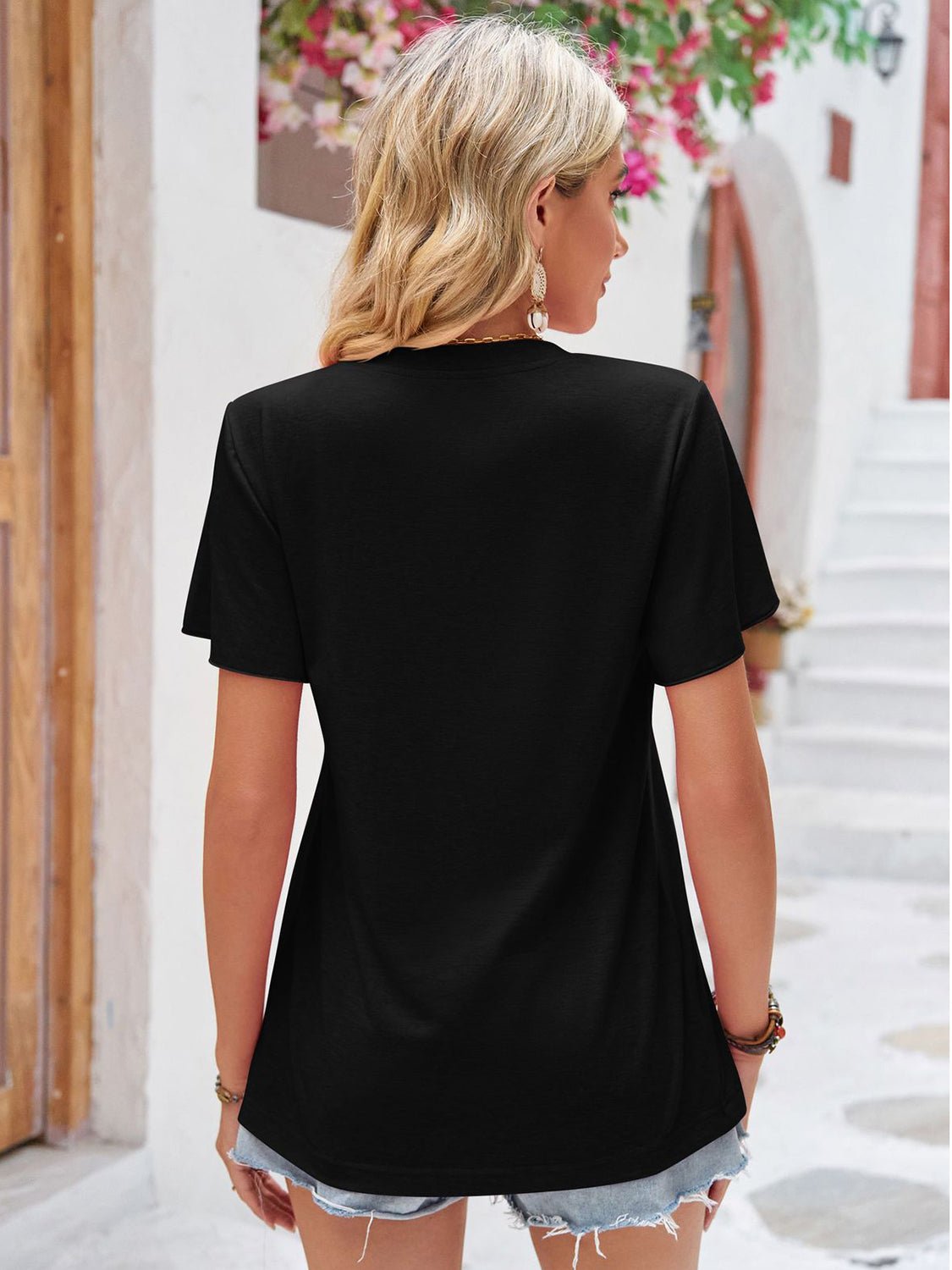 Double Take Ruched V-Neck Short Sleeve T-Shirt - Luminous Bear