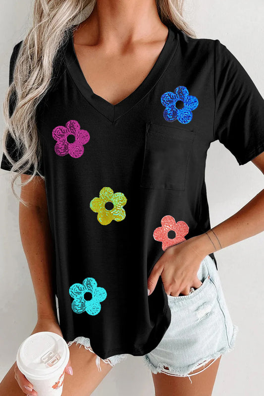 Sequin Flower V-Neck Short Sleeve T-Shirt - Luminous Bear Shop