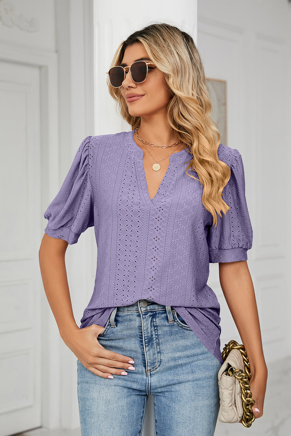 Eyelet Notched Short Sleeve T-Shirt - Luminous Bear Shop