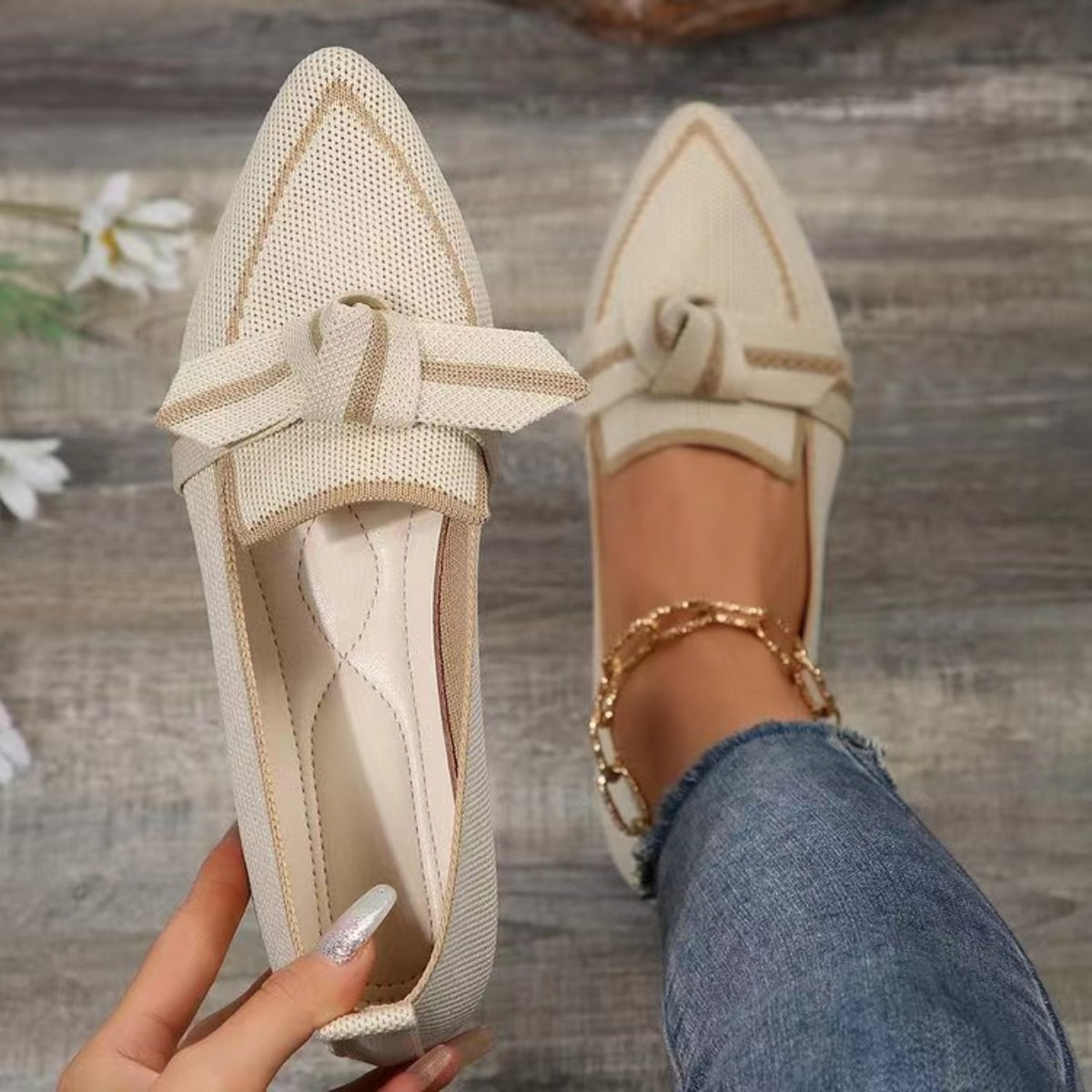 Bow Contrast Trim Point Toe Loafers - Luminous Bear Shop