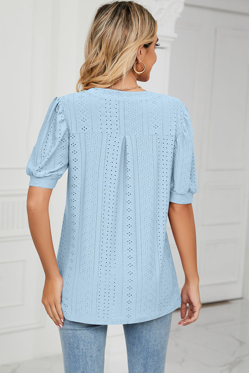Eyelet Notched Short Sleeve T-Shirt - Luminous Bear Shop