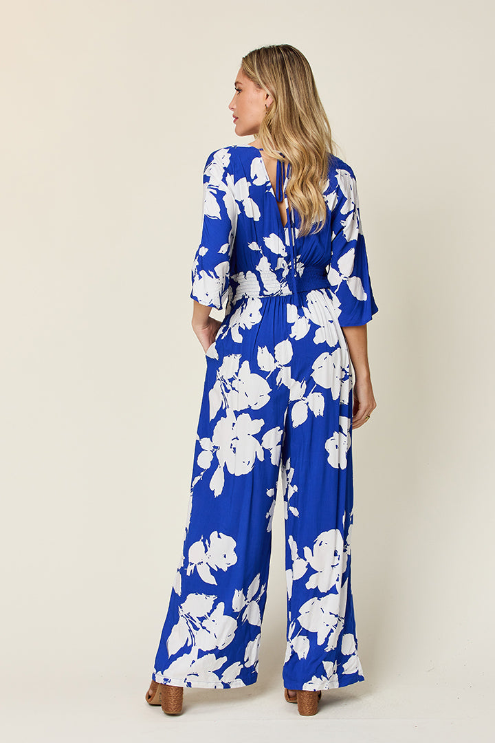 Double Take Full Size Printed Tie Back Wide Leg Jumpsuit - Luminous Bear Shop