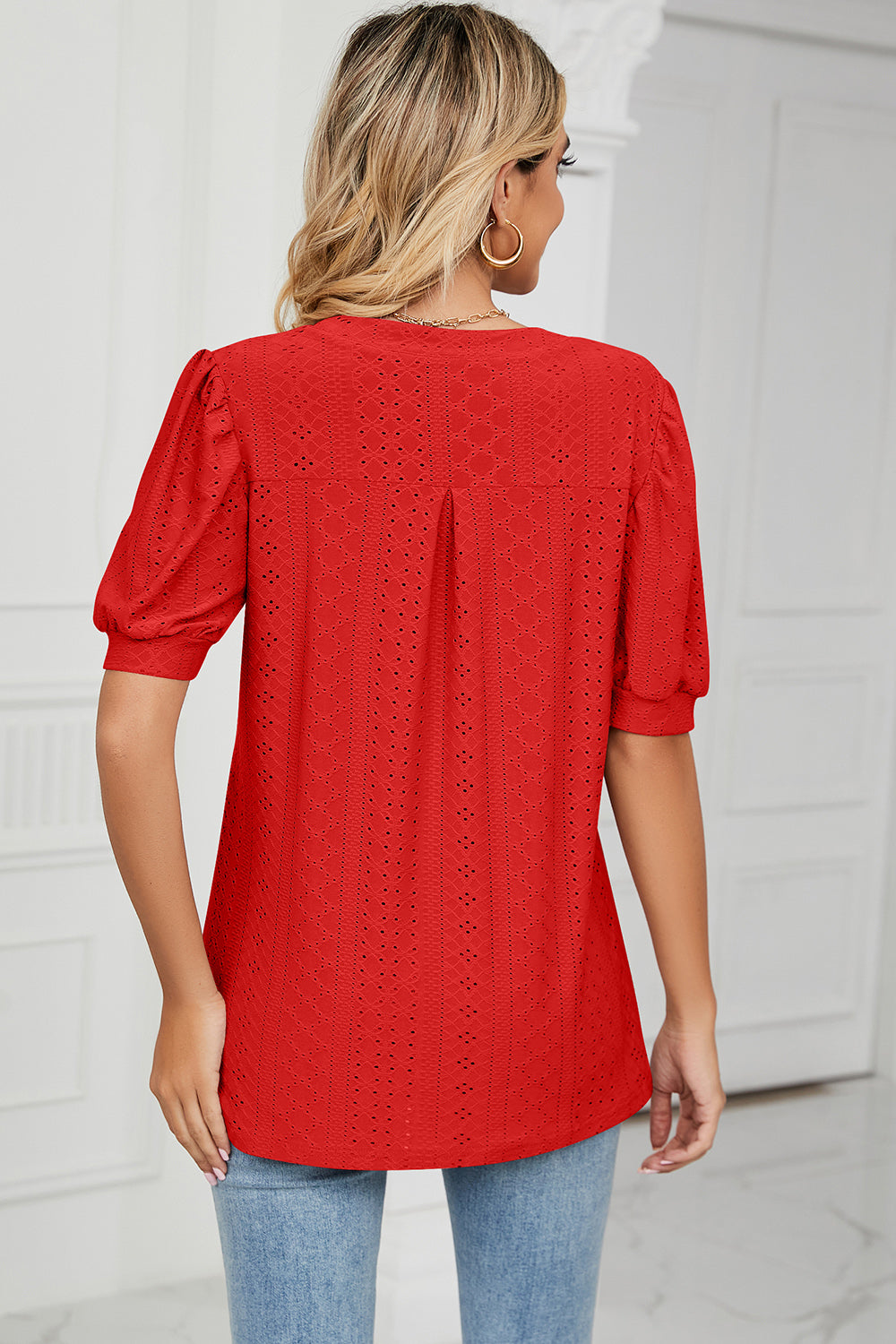 Eyelet Notched Short Sleeve T-Shirt - Luminous Bear Shop