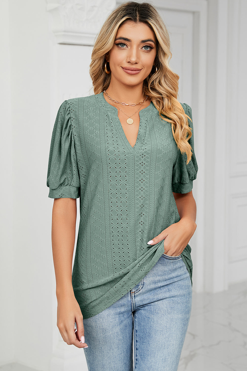 Eyelet Notched Short Sleeve T-Shirt - Luminous Bear Shop