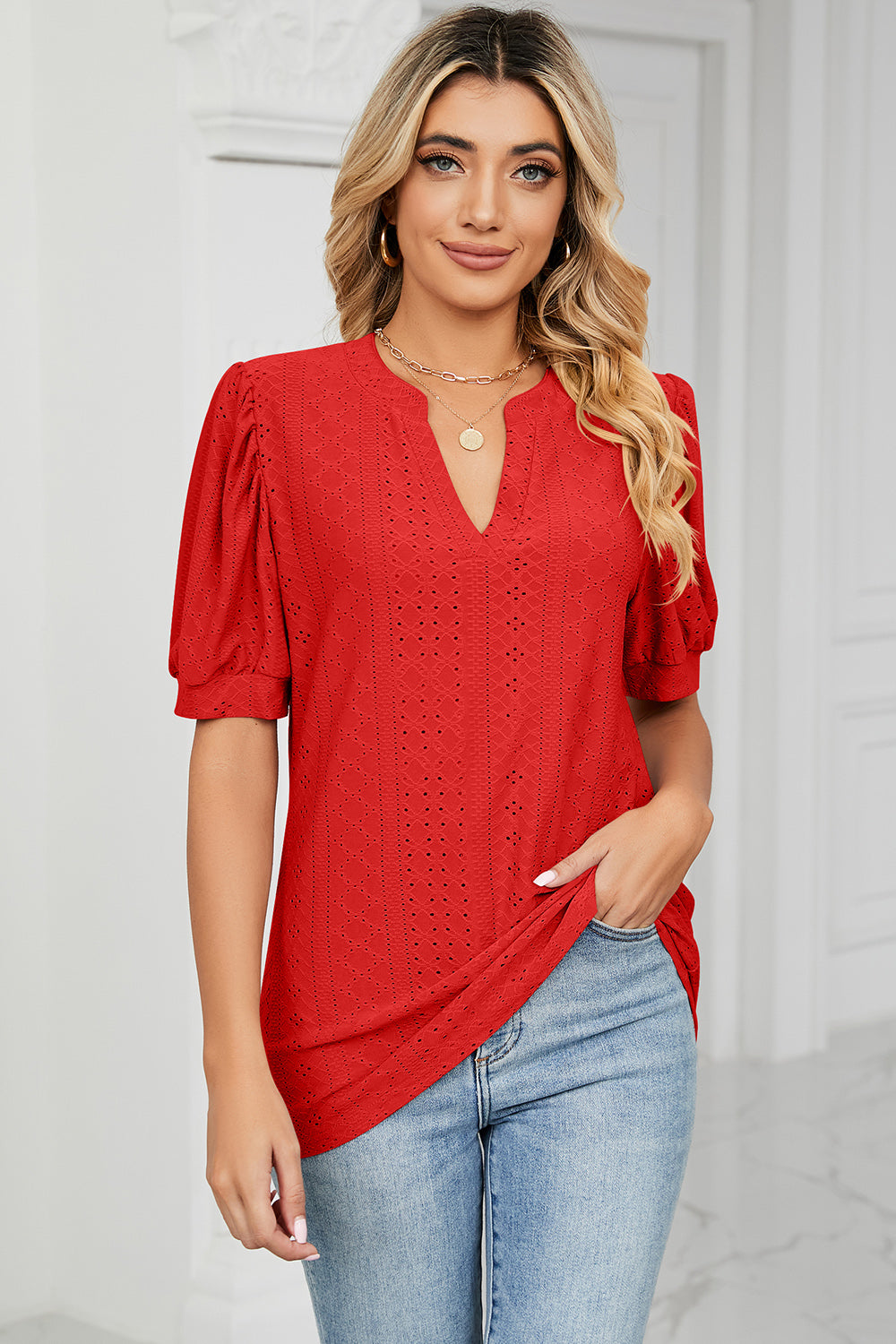 Eyelet Notched Short Sleeve T-Shirt - Luminous Bear Shop