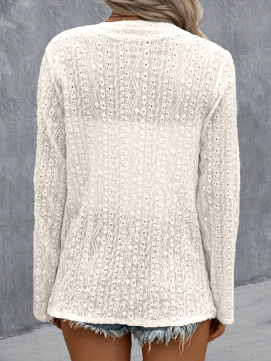 Eyelet Roll-Tab Sleeve Cardigan - Luminous Bear