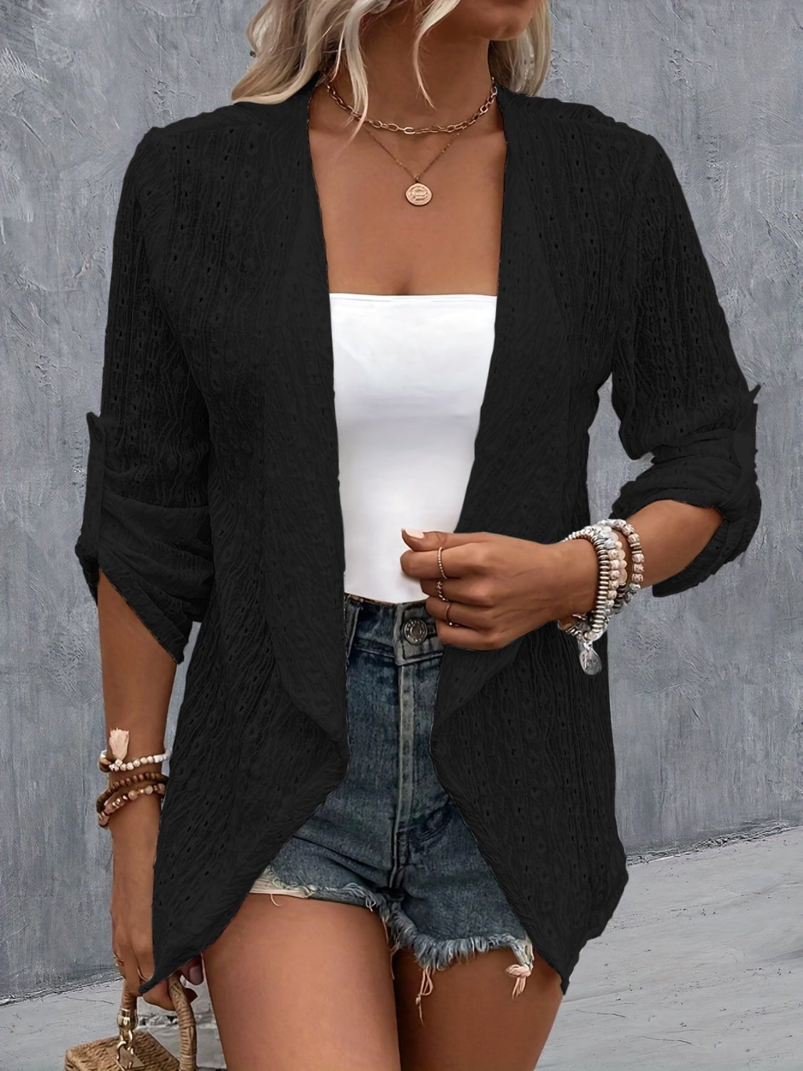 Eyelet Roll-Tab Sleeve Cardigan - Luminous Bear