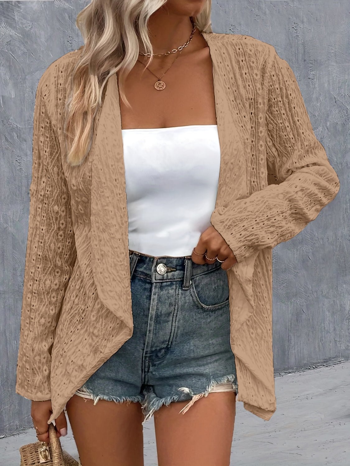 Eyelet Roll-Tab Sleeve Cardigan - Luminous Bear