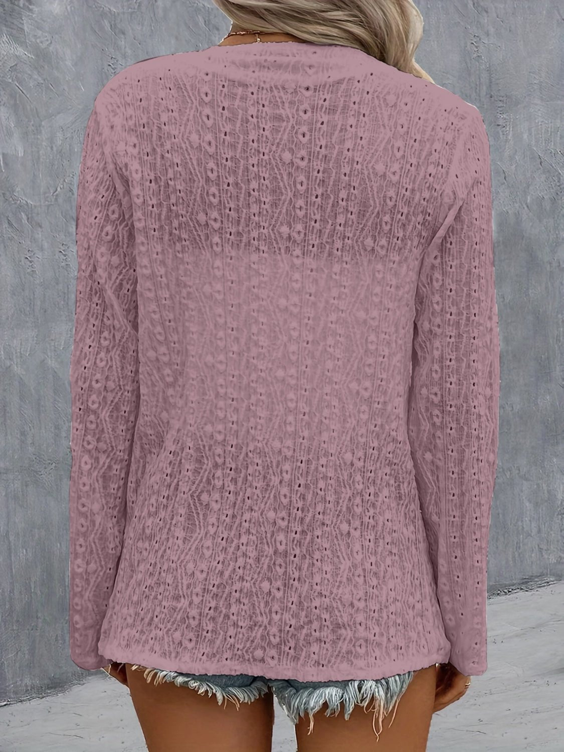 Eyelet Roll-Tab Sleeve Cardigan - Luminous Bear