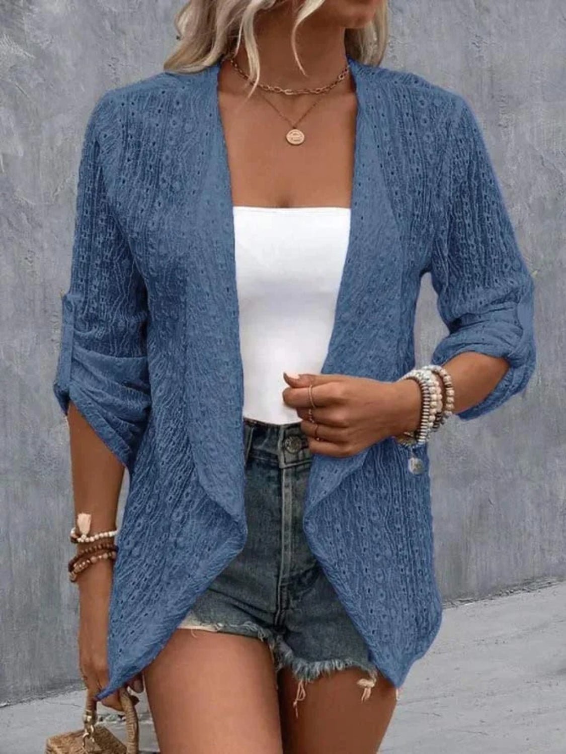 Eyelet Roll-Tab Sleeve Cardigan - Luminous Bear