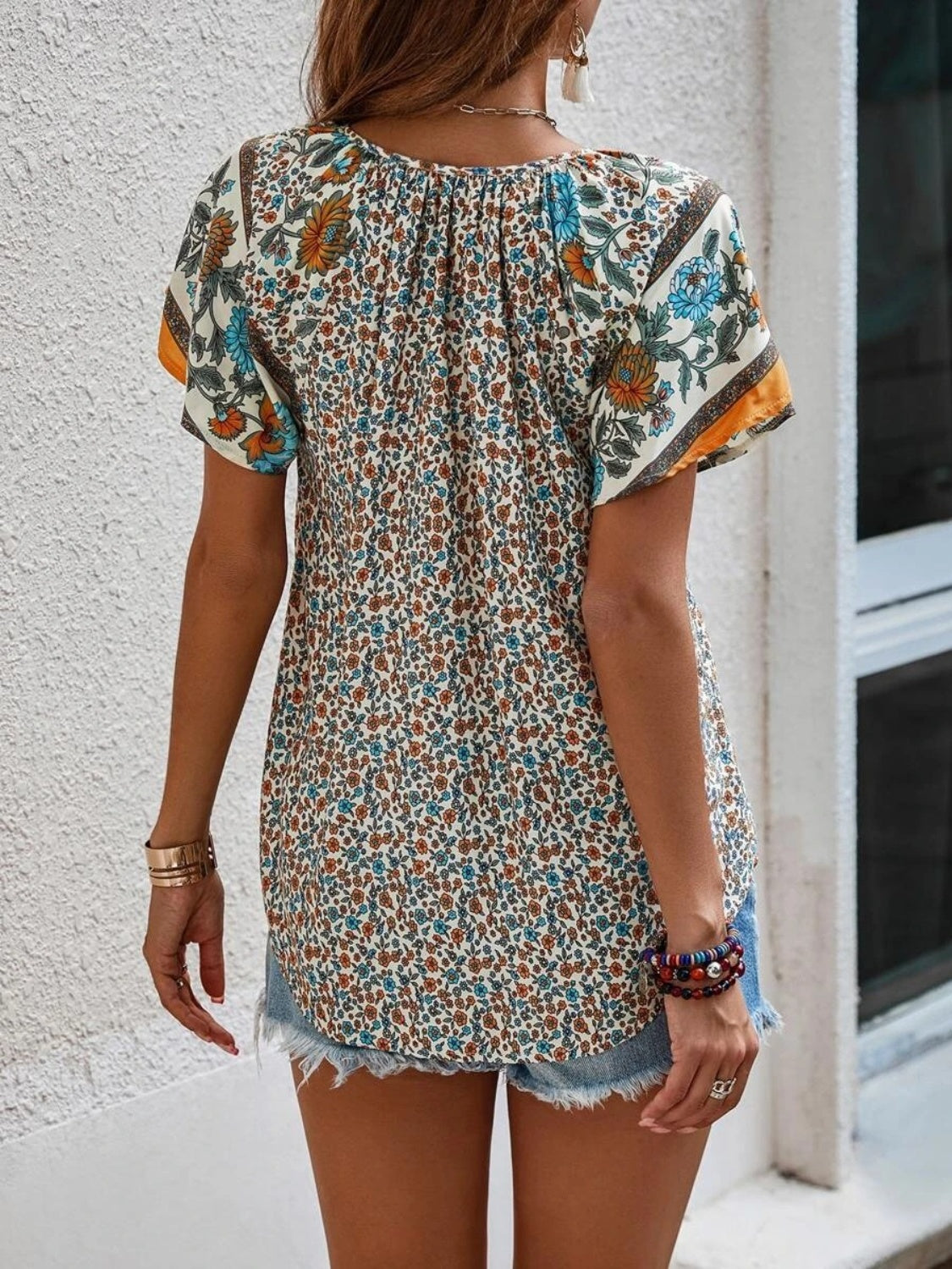 Printed Tie Neck Short Sleeve Blouse - Luminous Bear Shop