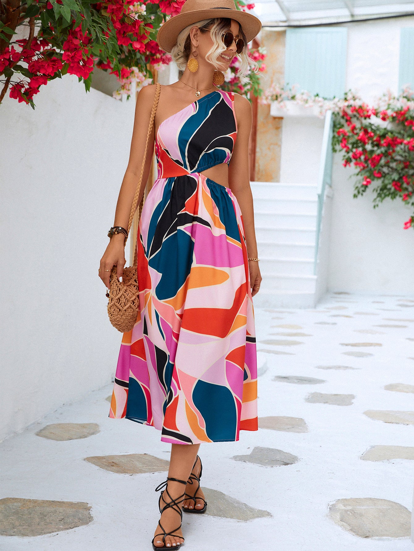 Printed Cutout One-Shoulder Sleeveless Dress - Luminous Bear Shop