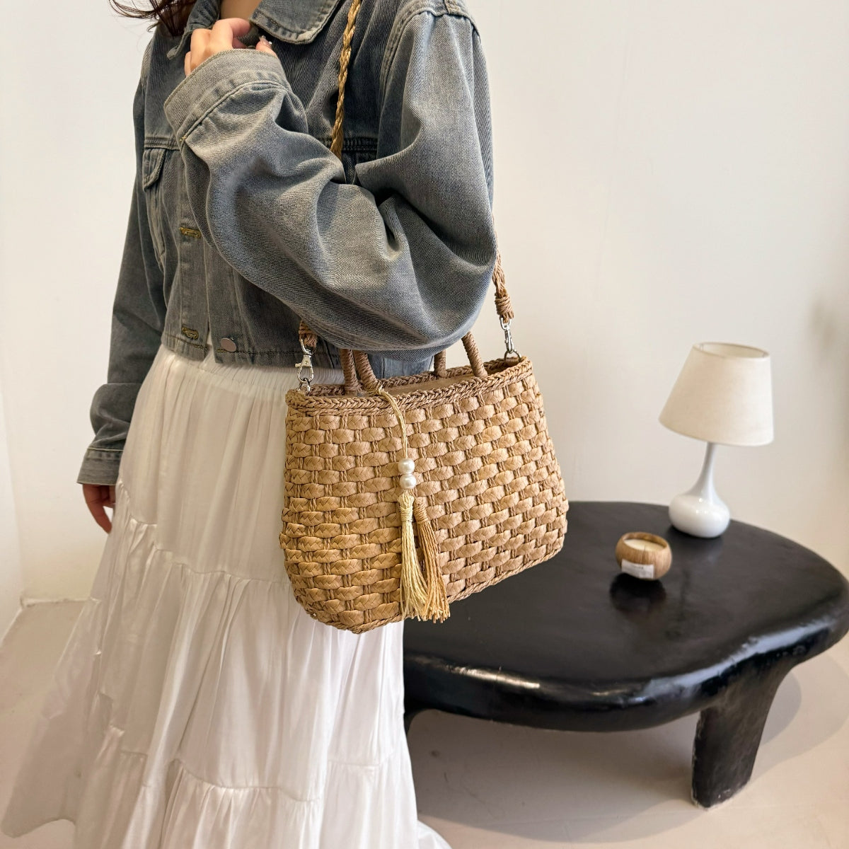 Braided Strap Paper Weave Shoulder Bag - Luminous Bear Shop