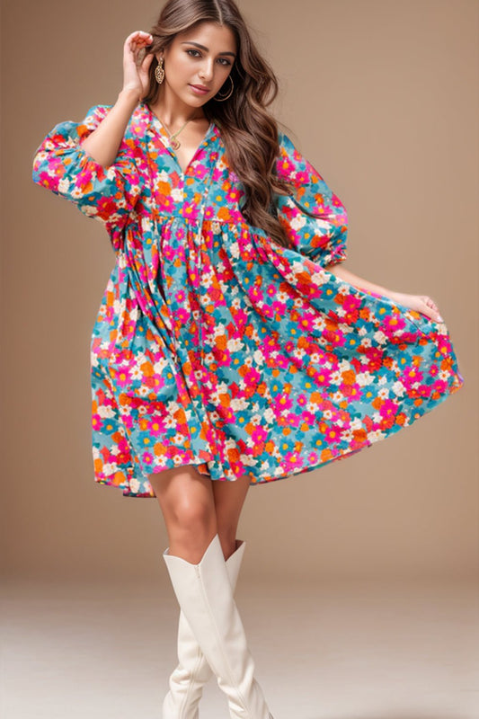 Floral Tie Neck Puff Sleeve Mini Dress - Luminous Bear
