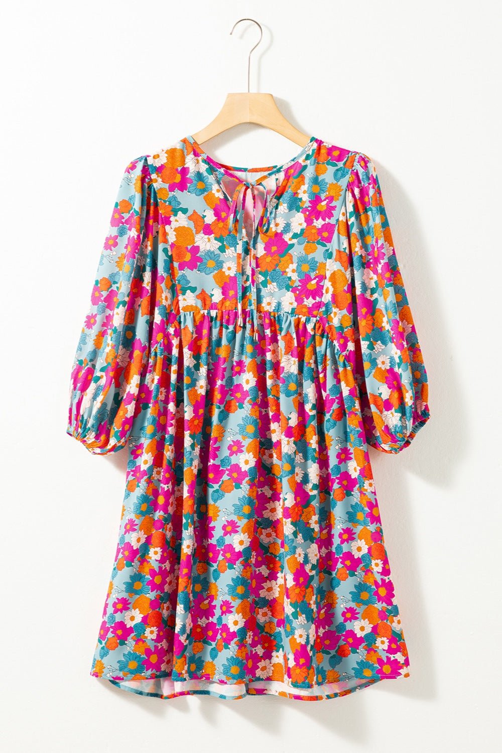 Floral Tie Neck Puff Sleeve Mini Dress - Luminous Bear