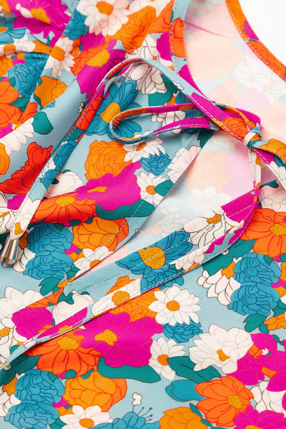 Floral Tie Neck Puff Sleeve Mini Dress - Luminous Bear