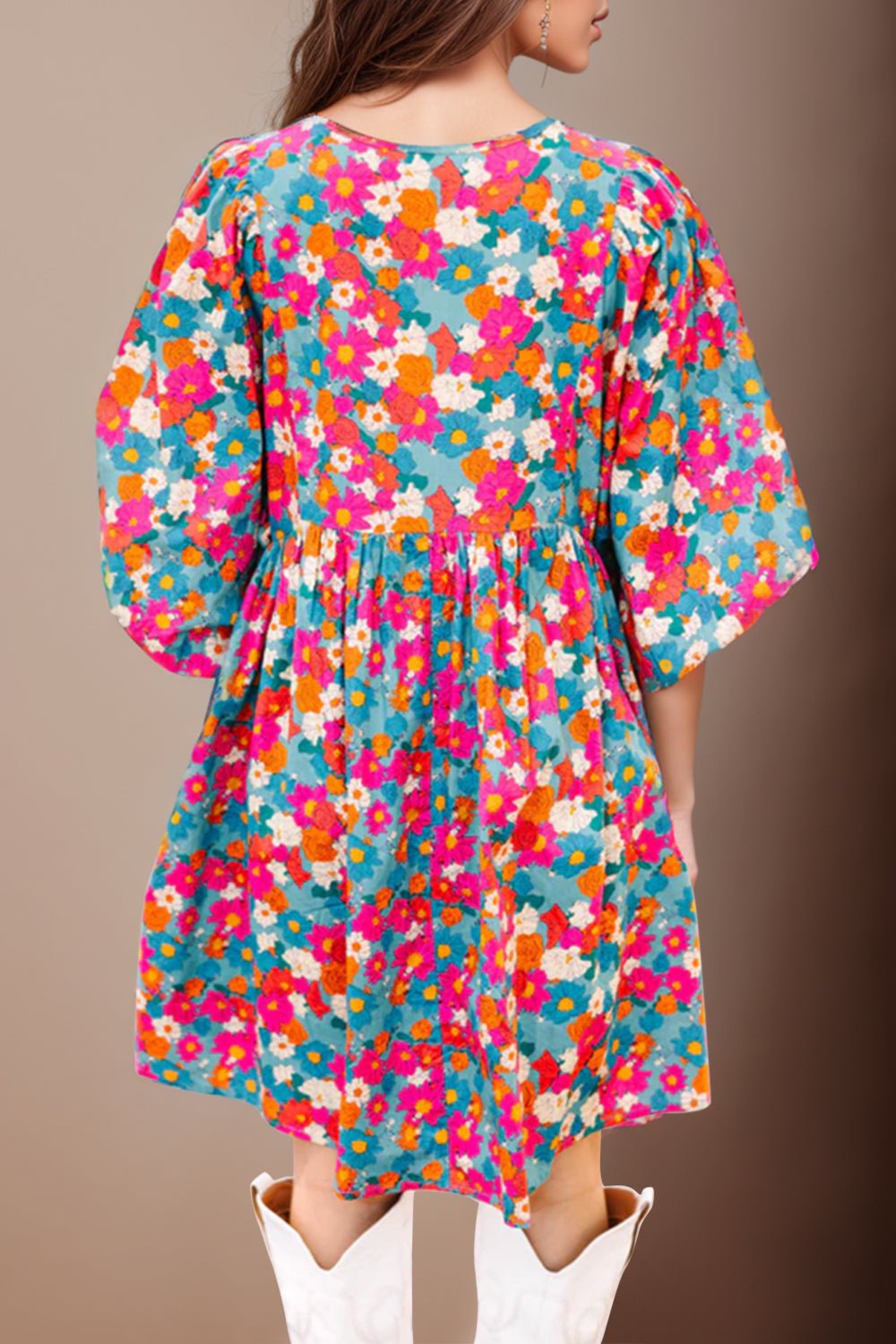 Floral Tie Neck Puff Sleeve Mini Dress - Luminous Bear