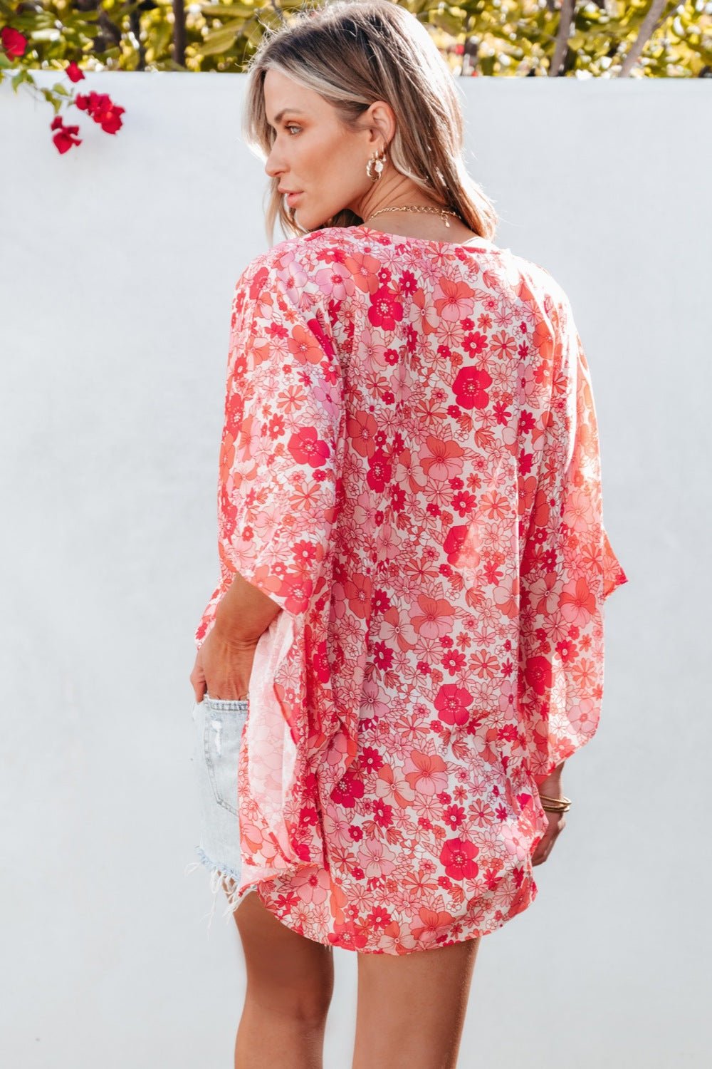 Floral V-Neck Three-Quarter Sleeve Blouse - Luminous Bear