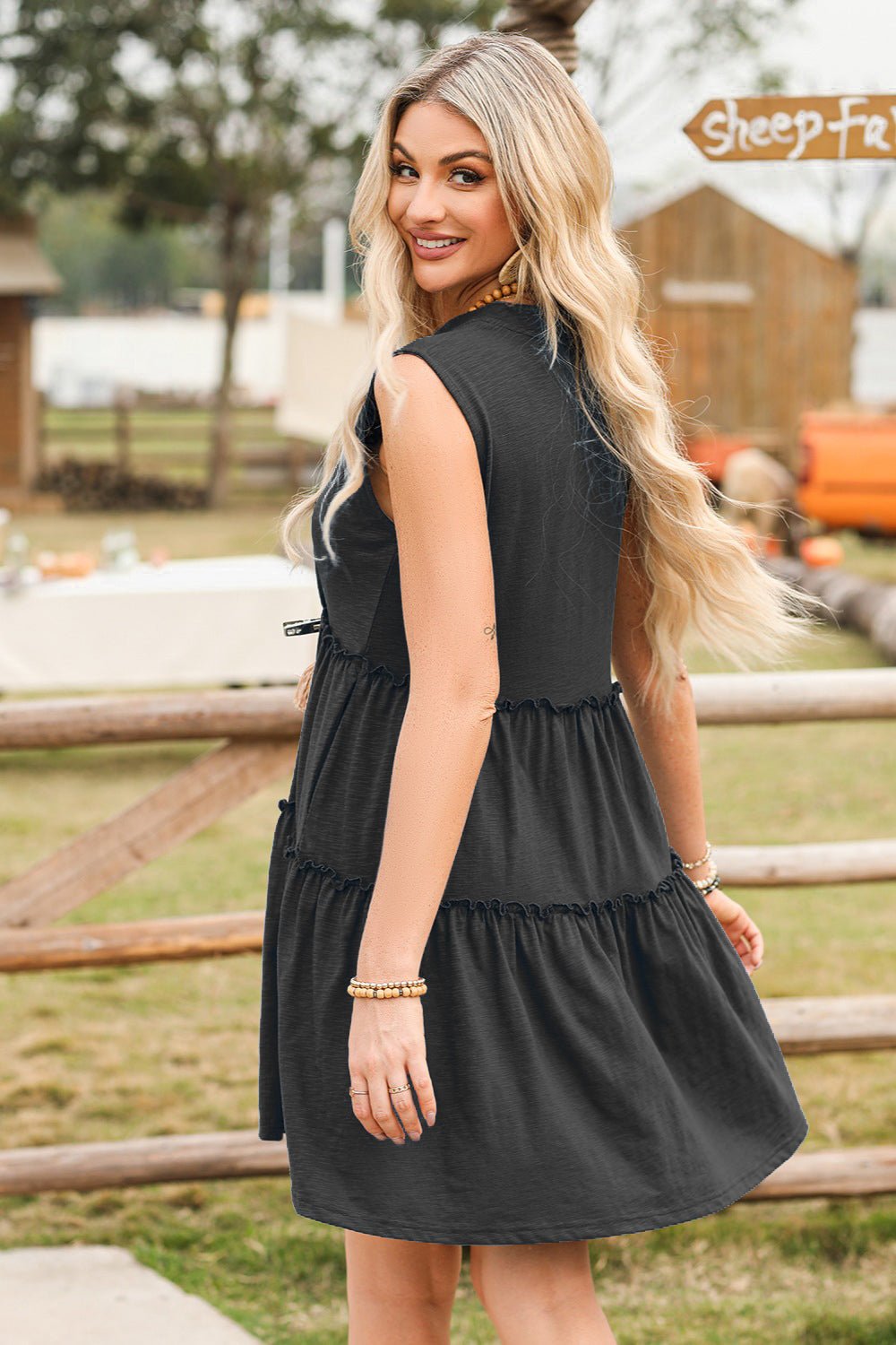 Frill Notched Sleeveless Mini Dress - Luminous Bear