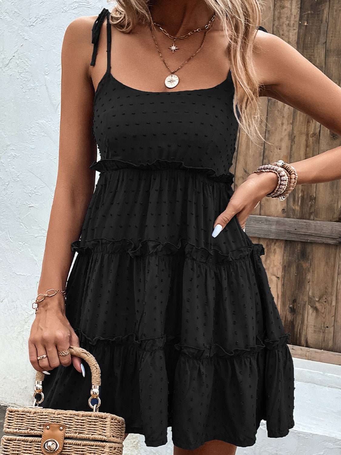 Frill Spaghetti Strap Tiered Dress - Luminous Bear